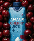 Amacx Cherry Juice+ fles met productinformatie en voedingswaarden
