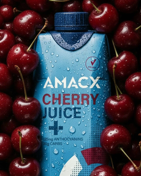 Amacx Cherry Juice+ fles met productinformatie en voedingswaarden